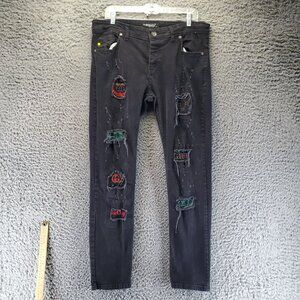 Charj Jeans Mens Size 36x30 Black Distressed Patchwork Slim Fit Stretch Denim